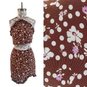 LOVERS + FRIENDS Ruffle Halter Top Mini Skirt Set Brown Floral Polka Dot Size S